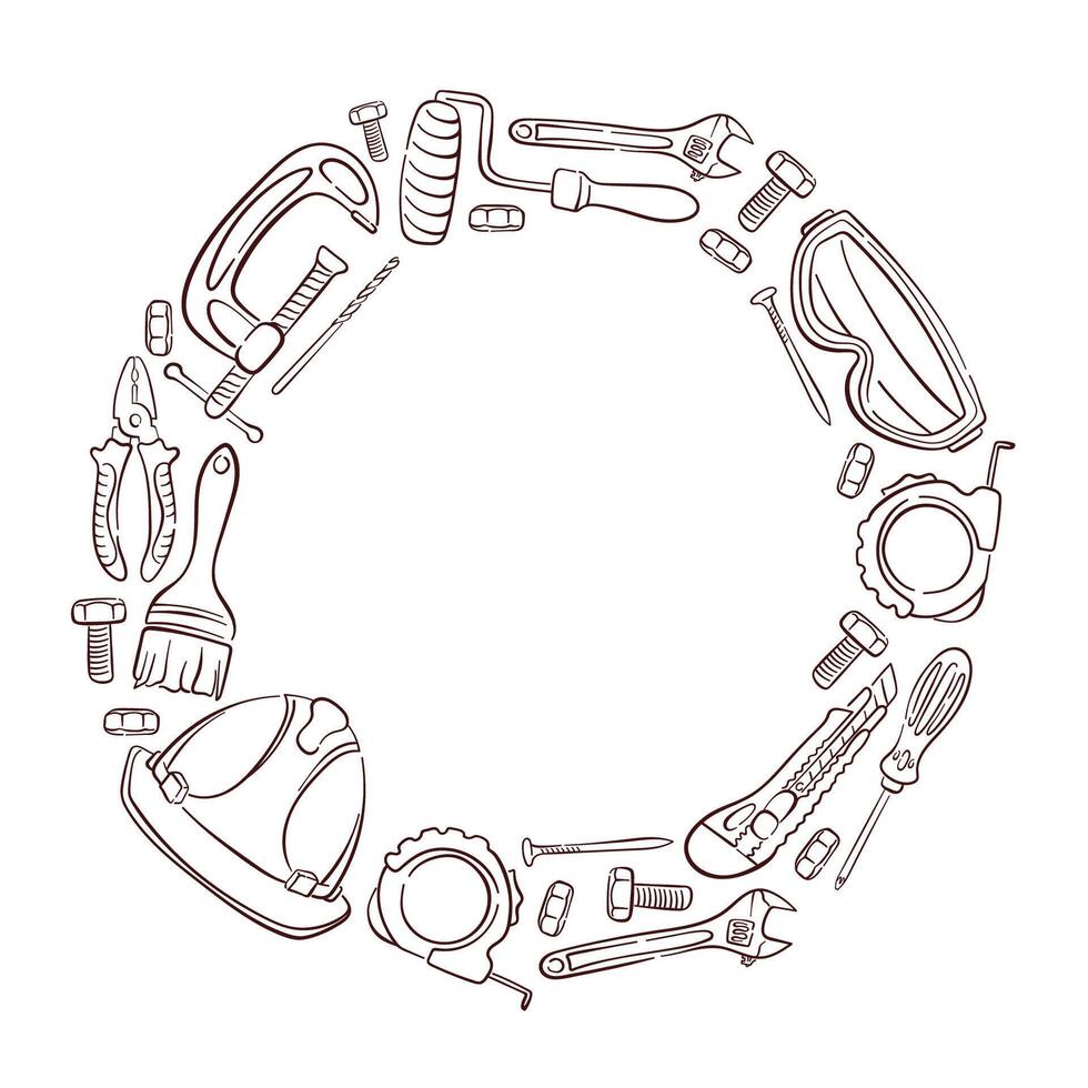 Circular frame border made of line art style construction and repair tool on white background with empty center space for text or design. vector