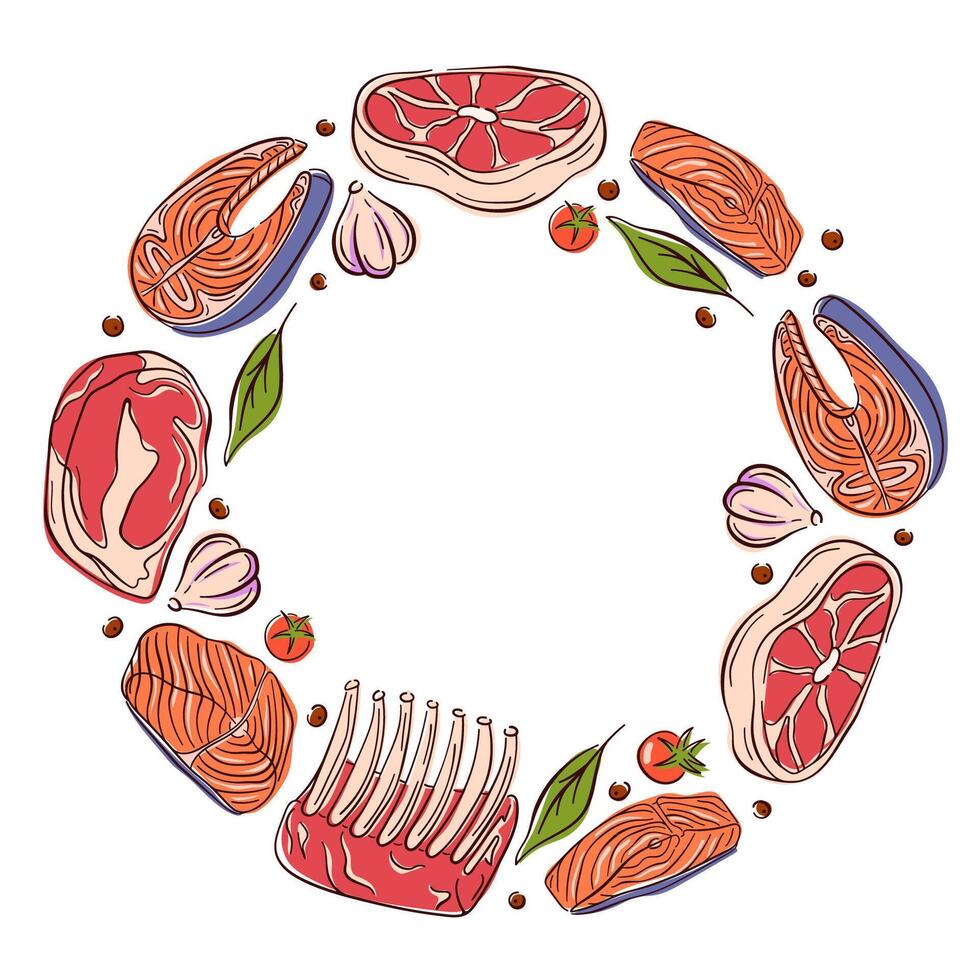 Circular frame border with raw meat cuts, salmon steaks, beef, ribs,, garlic, herbs, tomatoes and spices on white background with empty center space in flat style. vector