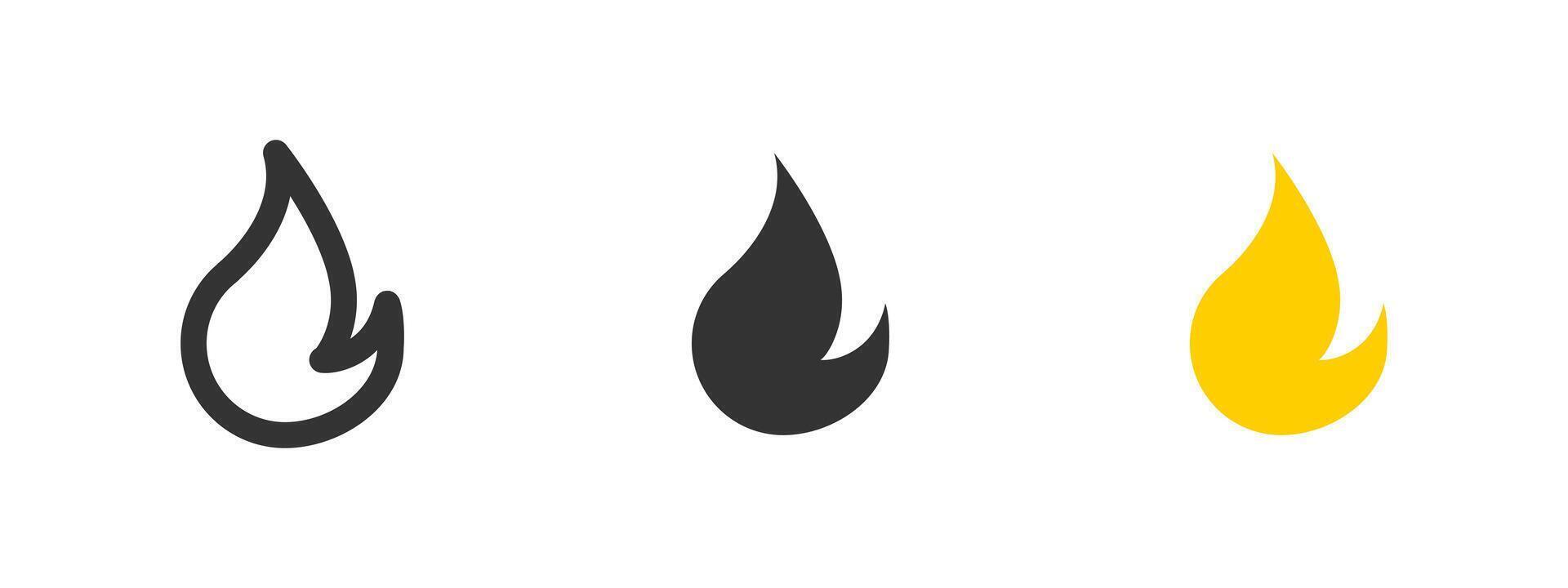 Fire flame icon. Simple burning flame shape in outline, solid and colored styles illustration. Heat, energy, warning and danger contexts symbol. Suitable for apps, UI, safety and hazard signs. vector