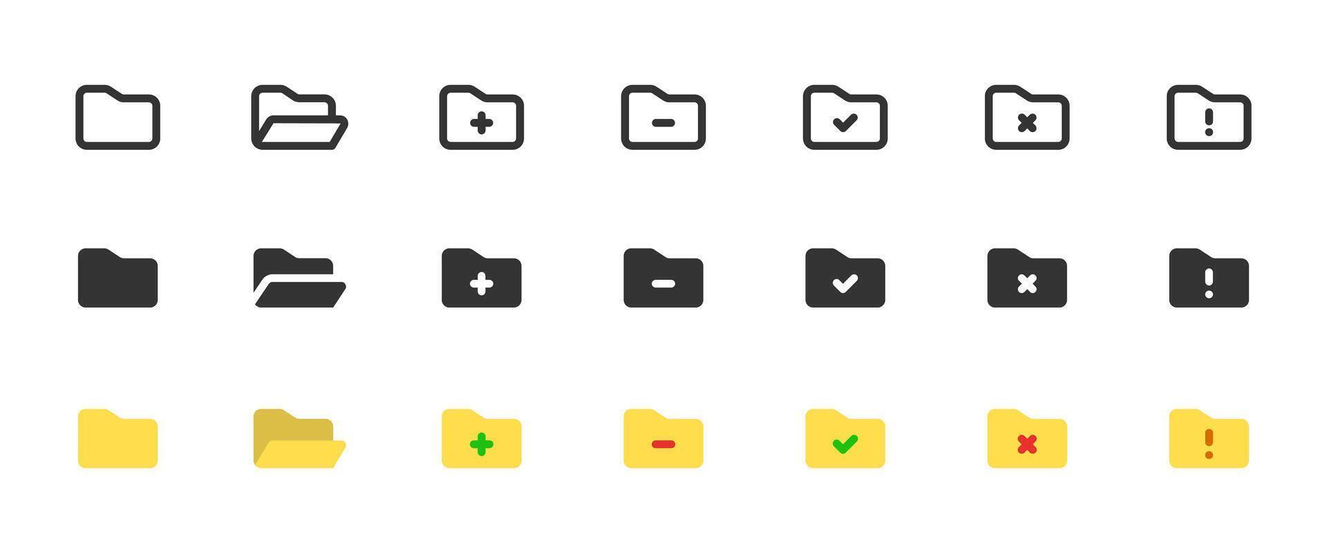 Folder icon set. File folder with add, remove, error or check badge illustration. Document management UI symbol. Folder alert or status control sign. Minimal clean pictogram. vector