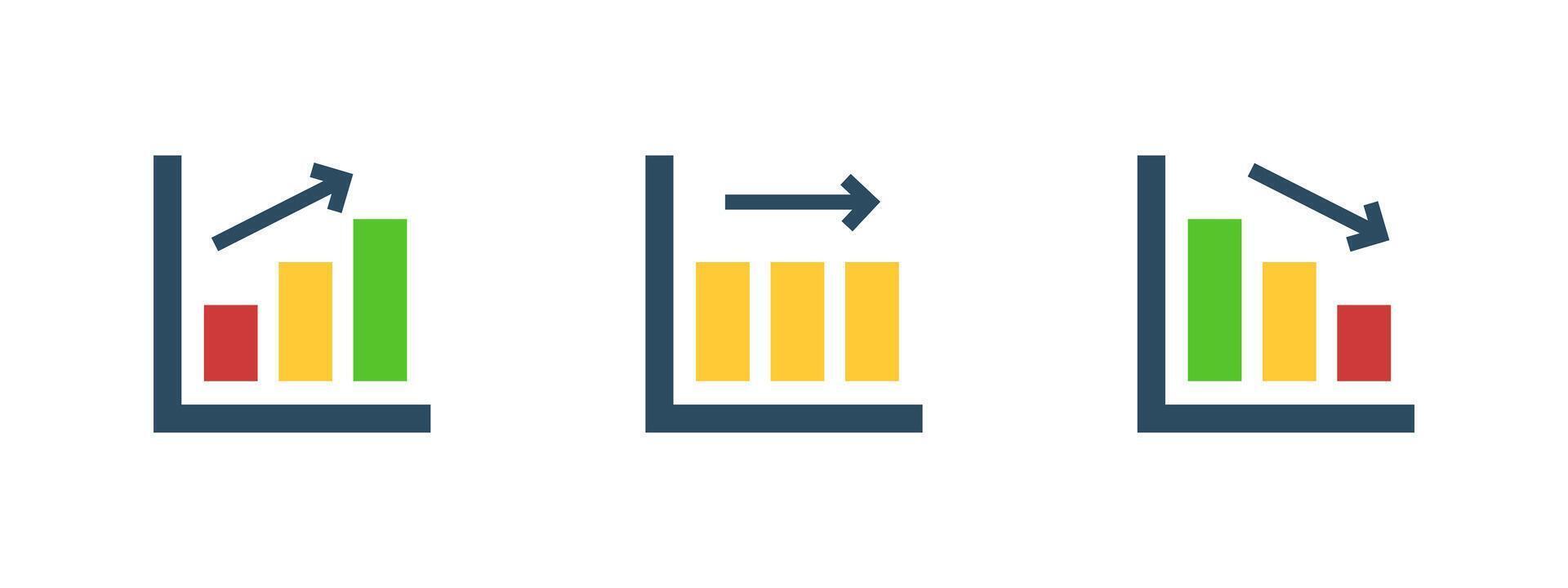 Chart icon. Colorful bar graph with upward, stable and downward arrows illustration. Business analytics and financial performance trend symbol. Data metrics and economic report sign. vector