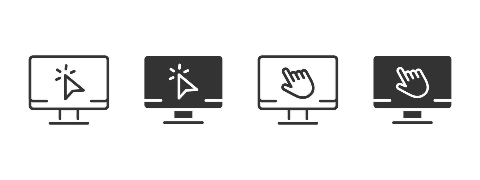 Cursor click icon. Computer screen with mouse pointer and hand interaction illustration. Desktop navigation and user interface symbol. Web click and digital selection sign. vector
