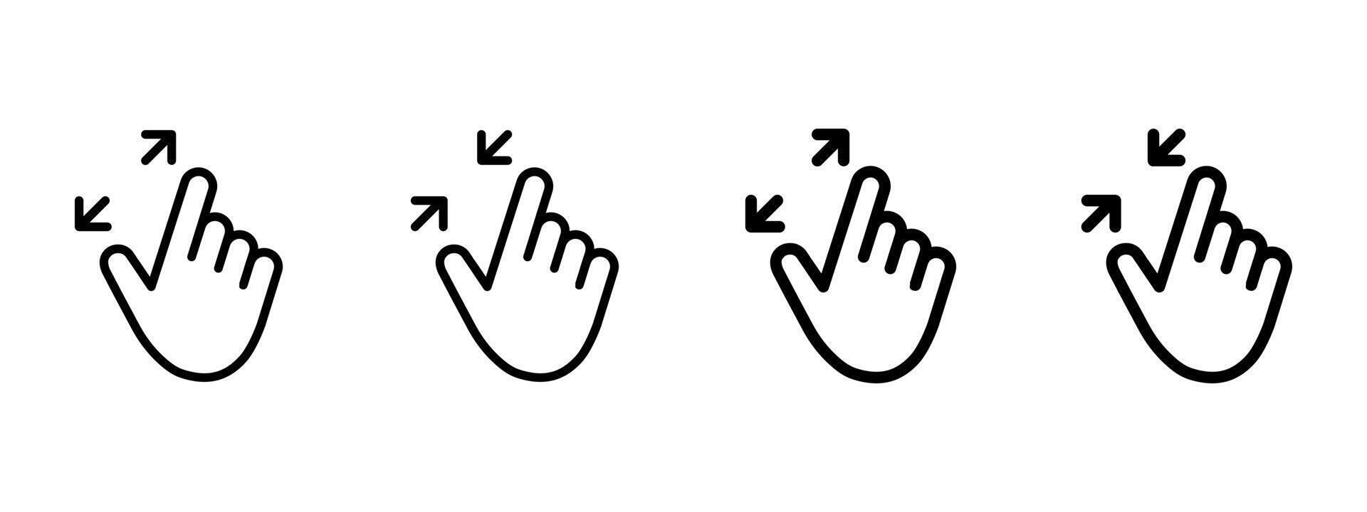 Pinch icon. Hand gesture for zoom in or zoom out on touchscreen illustration. Mobile multitouch scale control symbol. Image enlarge or reduce UI sign. Minimal gesture pictogram. vector