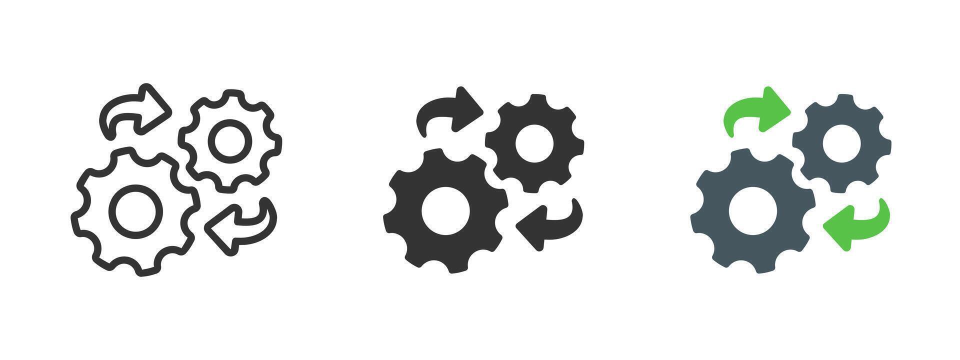 Settings process icon. Rotating gears with arrows symbolizing automation and workflow optimization illustration. System configuration and update management symbol. Engineering efficiency sign. vector