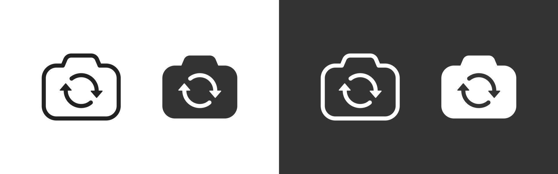 Camera switch icon. Smartphone camera with rotating arrows showing flip between front and back lenses illustration. Mobile selfie and photo change symbol. Lens direction swap sign pictogram. vector