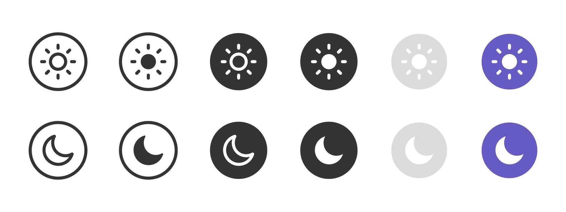 Sun and moon icon. Day and night mode adjustment buttons illustration. Brightness and dark mode toggle symbol. User interface and settings sign pictogram. vector