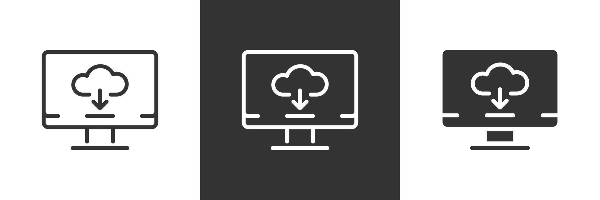 Cloud download icon. Computer screen with cloud storage and arrow data transfer illustration. Online file sync and backup symbol. Digital network storage access sign. vector