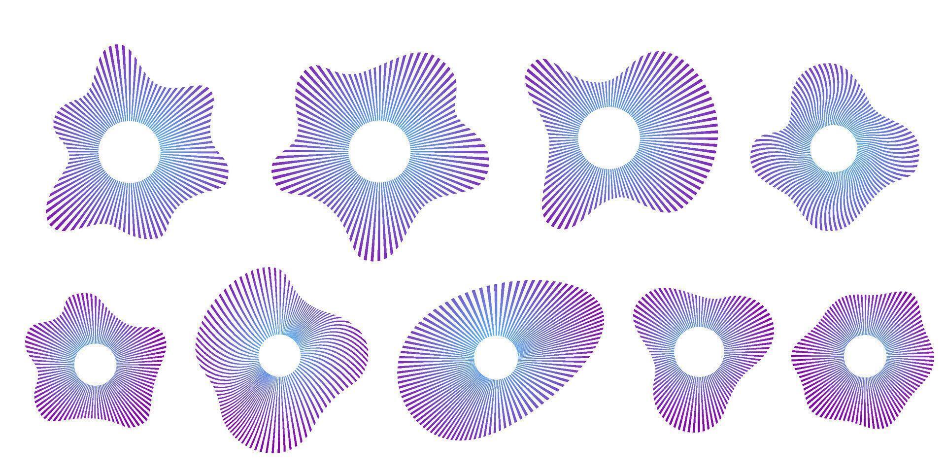 Round ripple icons set. Concentric broken line symbols representing sonar, speaker sound, radio echo, ultrasonic signal, wave vibration and sound technology in modern pictogram style. vector