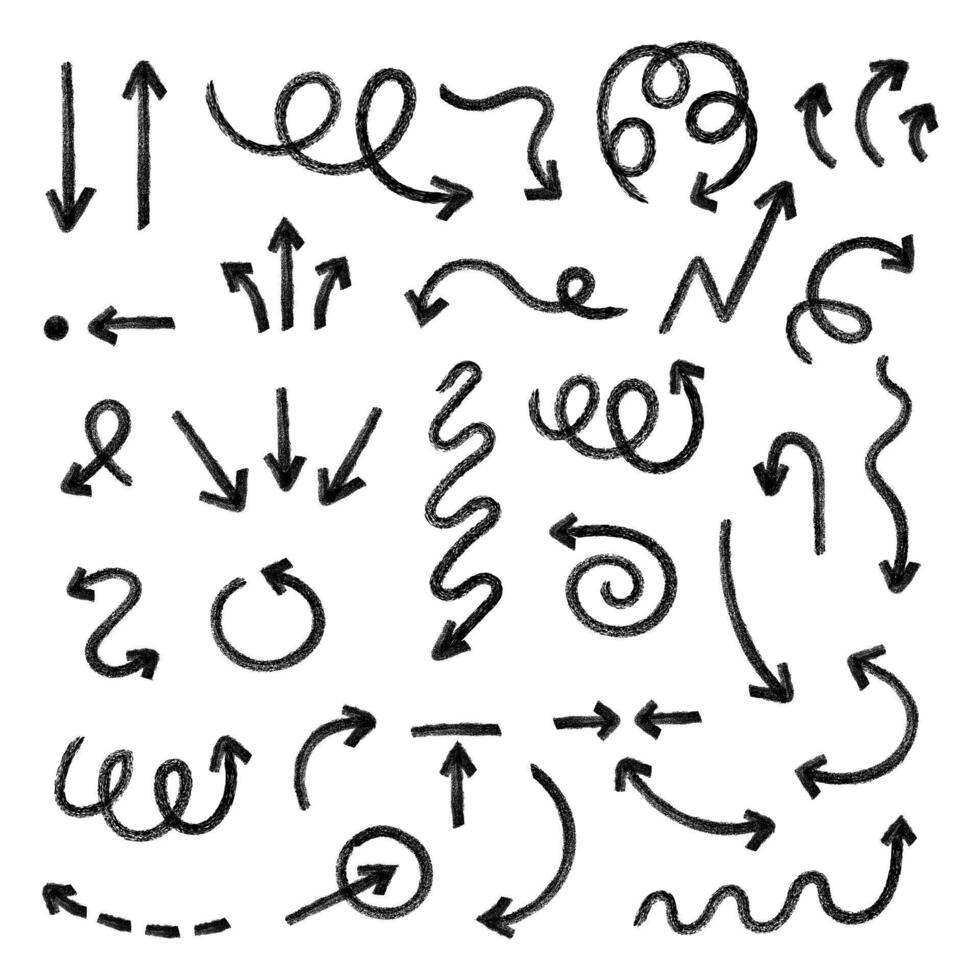 Set of hand-drawn arrows with crayon texture. Rough strokes create a playful artistic look for notes, posters, infographics, and creative design. vector