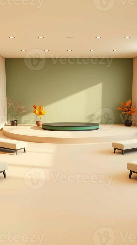 Modern minimalist interior design with a circular platform and muted color palette creating a serene and spacious atmosphere photo