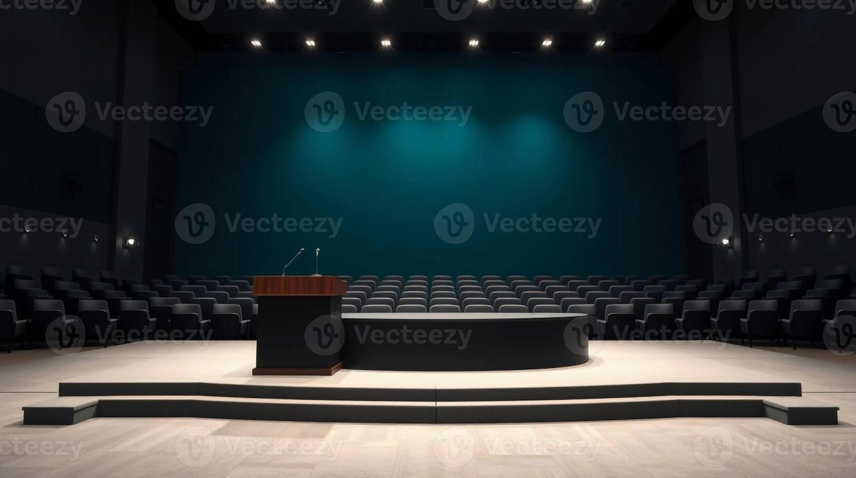 An empty auditorium stage with a podium and seating illuminated by spotlights awaiting a speaker or performance photo