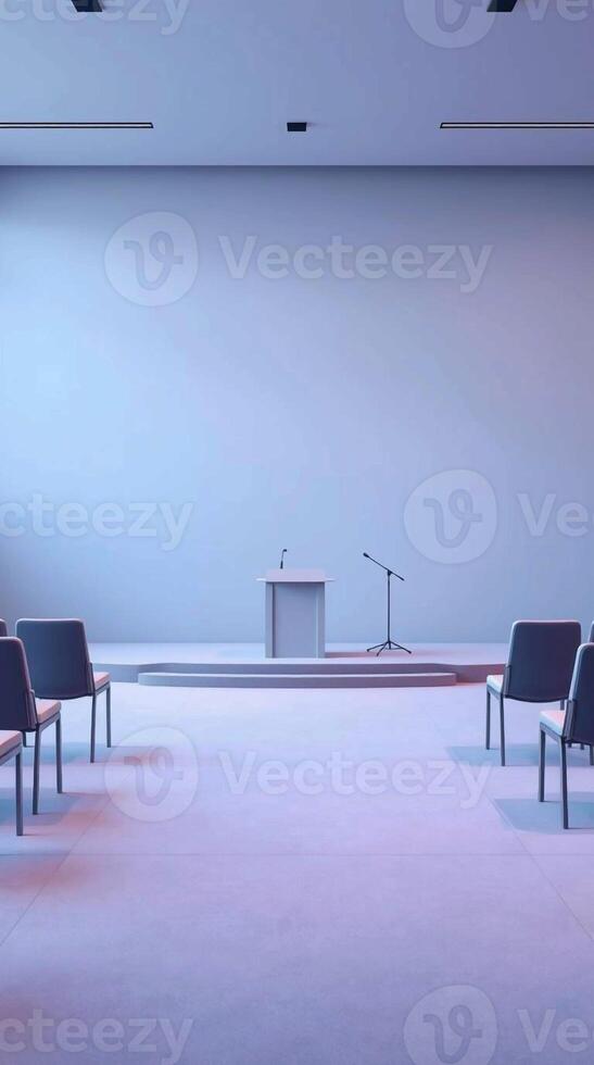 Empty auditorium stage with rows of chairs and a lectern awaiting a presentation or performance photo