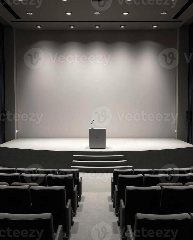 An empty modern auditorium stage with a podium and seating area ready for a presentation or performance photo
