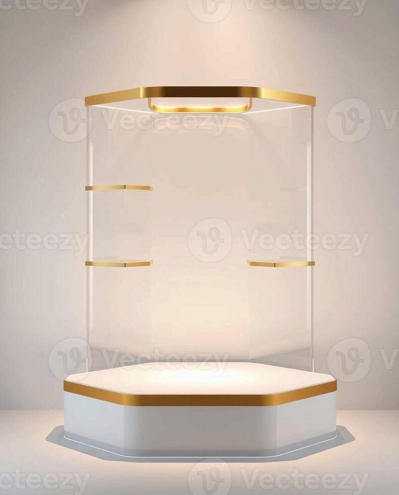 Elegant hexagonal display stand with illuminated top shelf and white base for product showcasing photo
