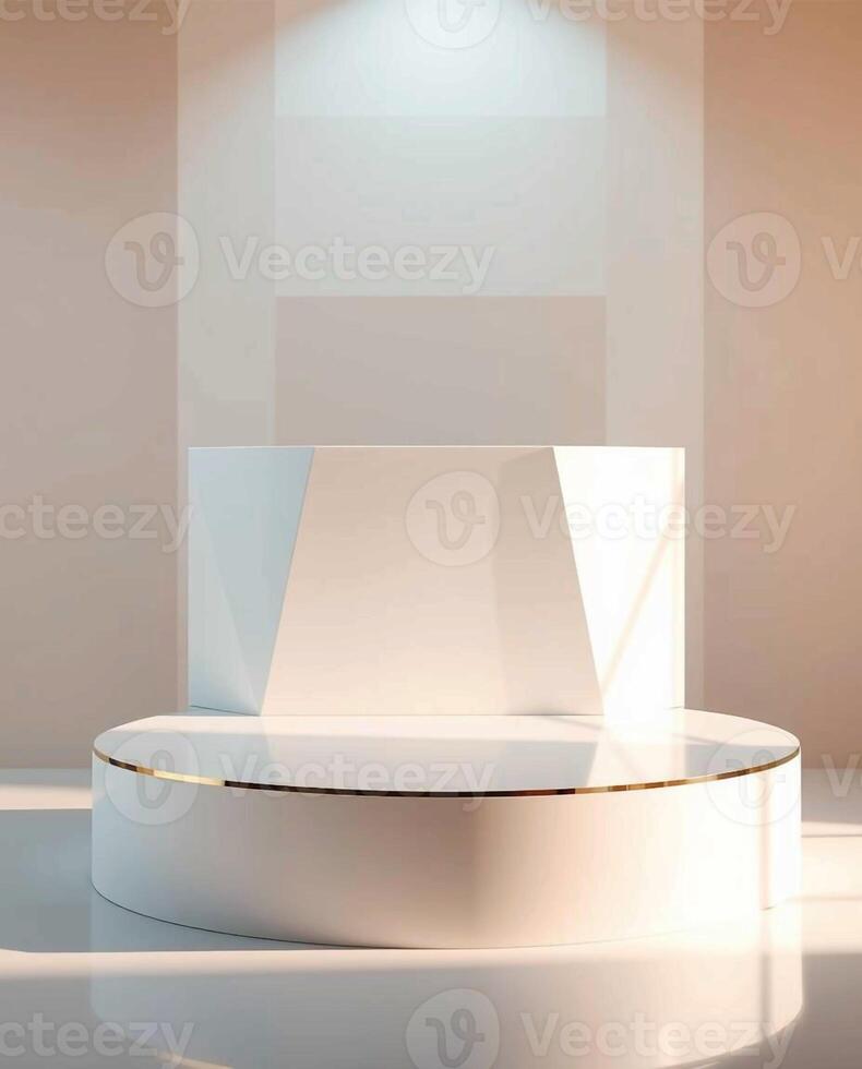 Minimalist white podium with soft light and shadow creating an elegant and serene display space photo