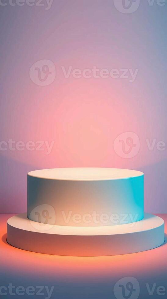Minimalist 3d rendered pedestal stage illuminated by soft gradient lighting for product display photo
