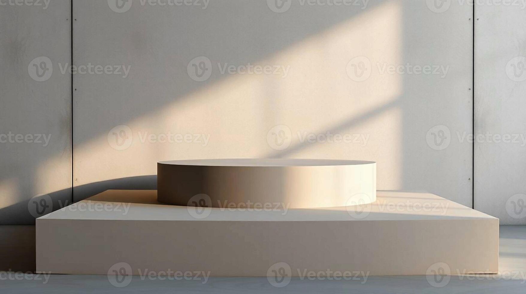 Minimalist display podiums bathed in warm sunlight creating soft shadows and a serene atmosphere photo