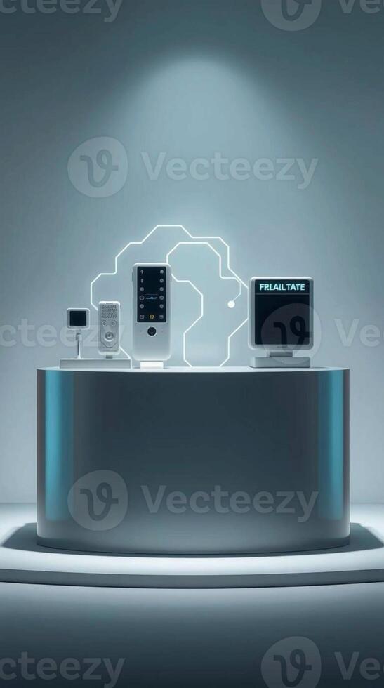 Modern technology display featuring computers and devices on a sleek counter with cloud illumination photo