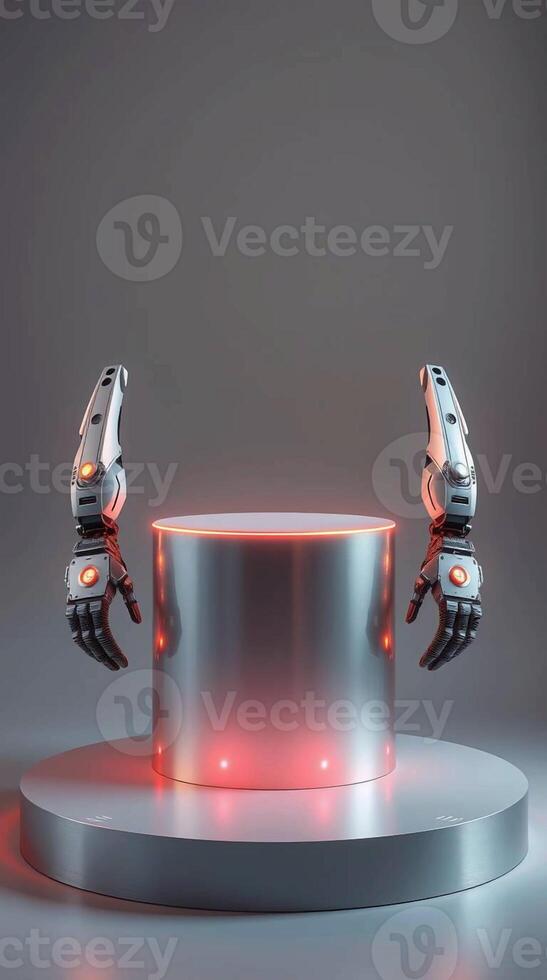 Futuristic robotic hands presenting a glowing cylindrical podium on a geometric platform with a gradient background photo
