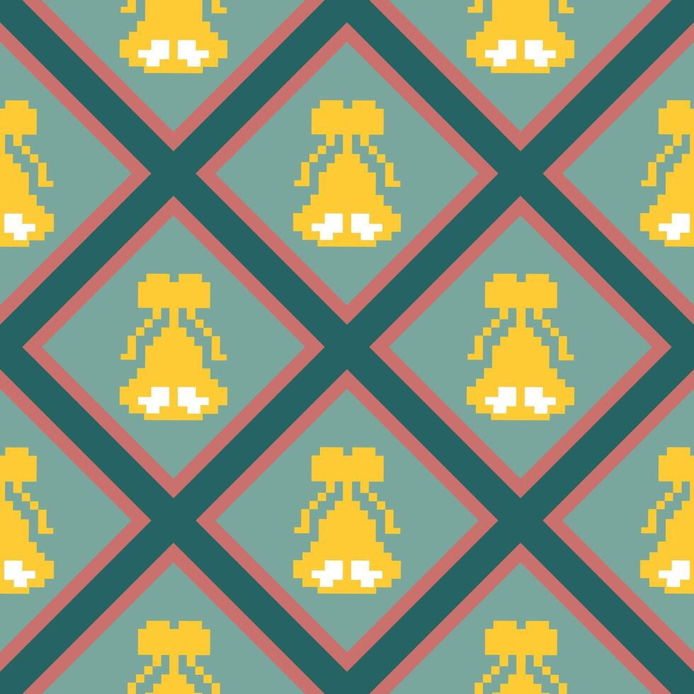 A Seamless Pattern of yellow bells, a decorative design for various projects. This repeating pattern features yellow bells on a teal background with red and teal diagonal lines vector
