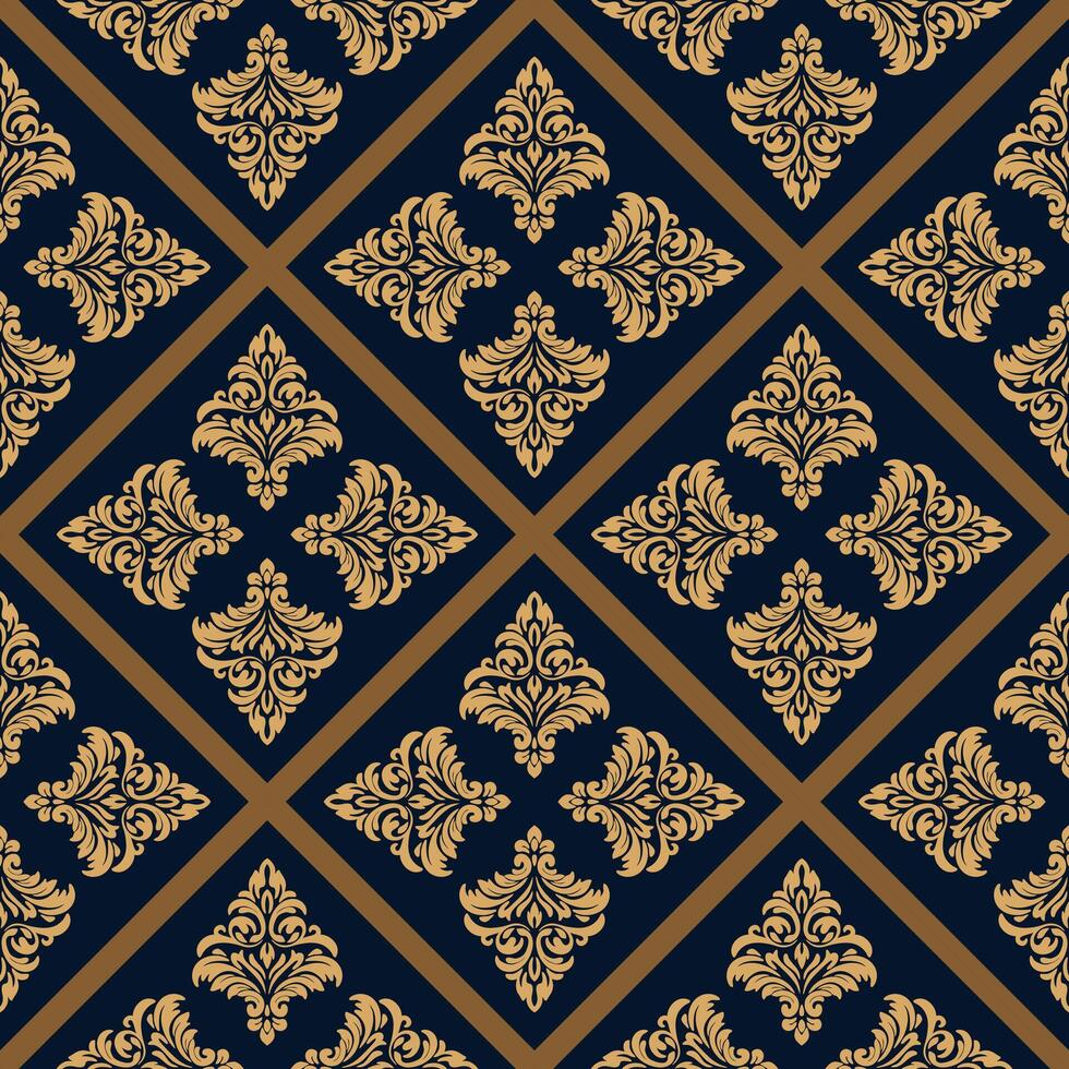 Golden damask pattern on a blue background, seamless, symmetrical. Elegant and luxurious pattern, suitable for various design projects vector