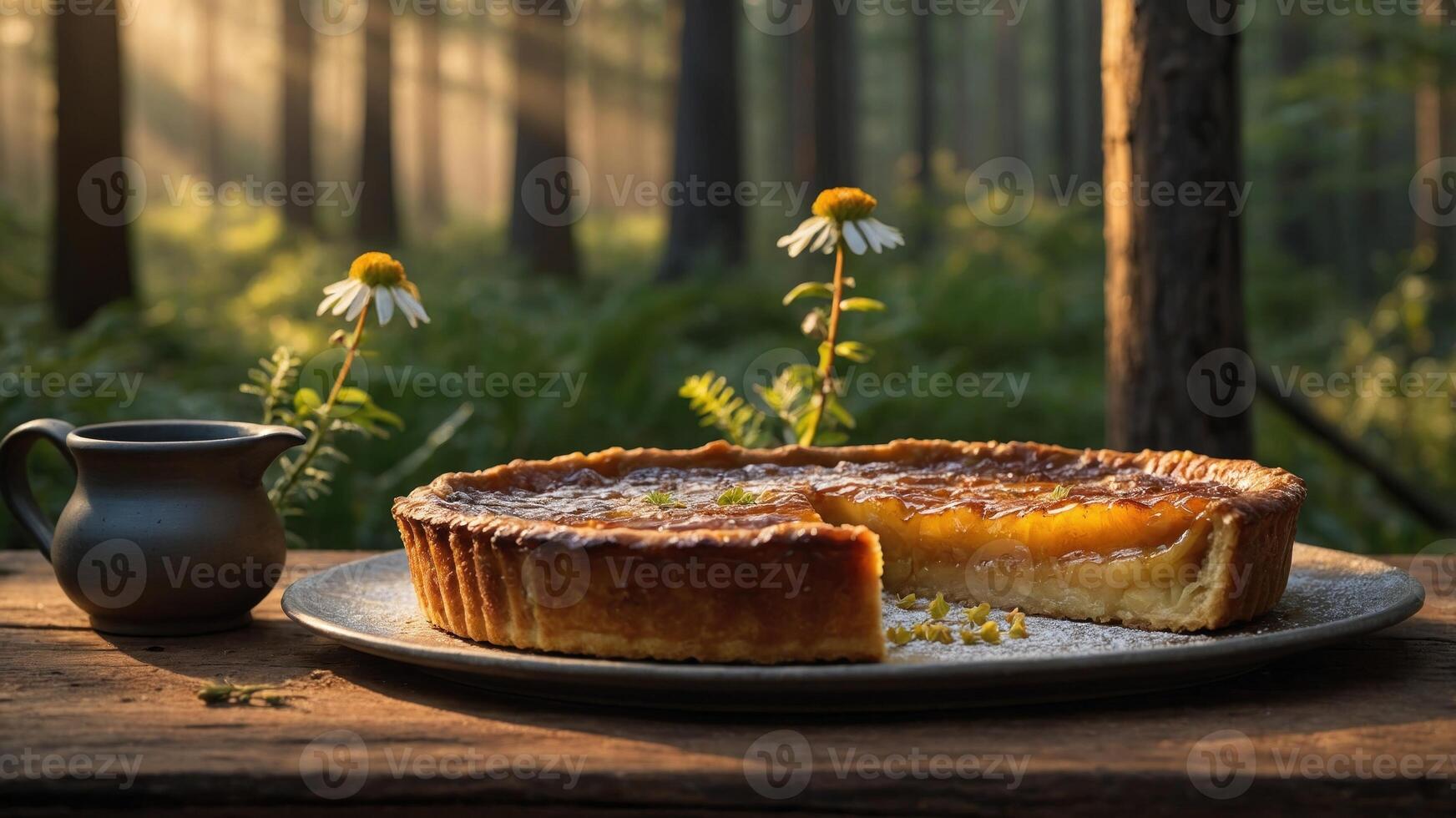 A rustic lemon tart elegantly displayed on a wooden table in a serene forest setting, with sunlight filtering through the trees, enhancing the tranquil ambiance photo