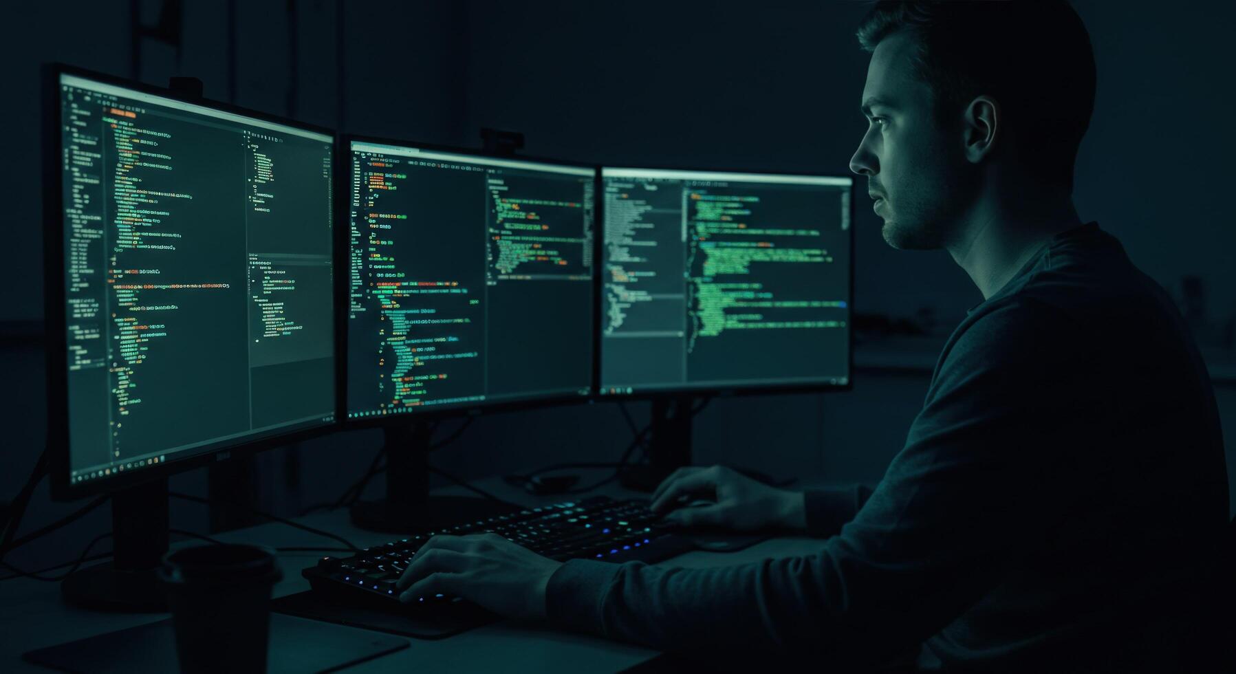 Software engineer coding on multiple computer screens at night photo