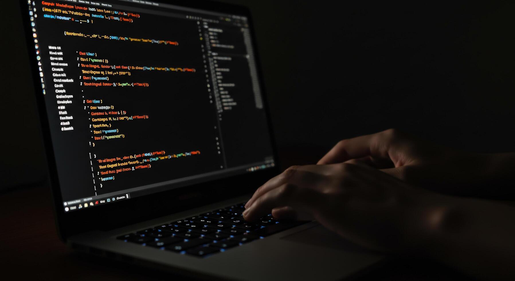 Coding on laptop screen with hands programming in dark room photo