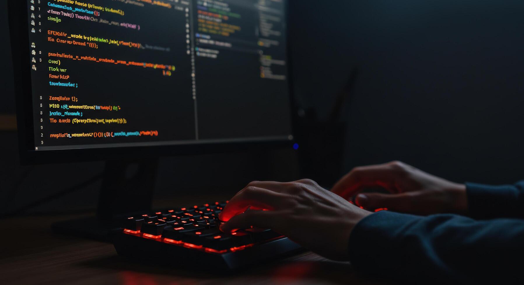 Coding on computer at night with illuminated keyboard photo