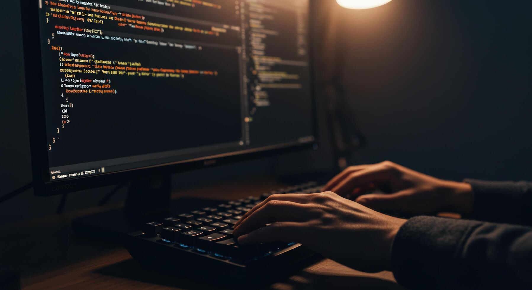 Person coding on computer at night software development photo