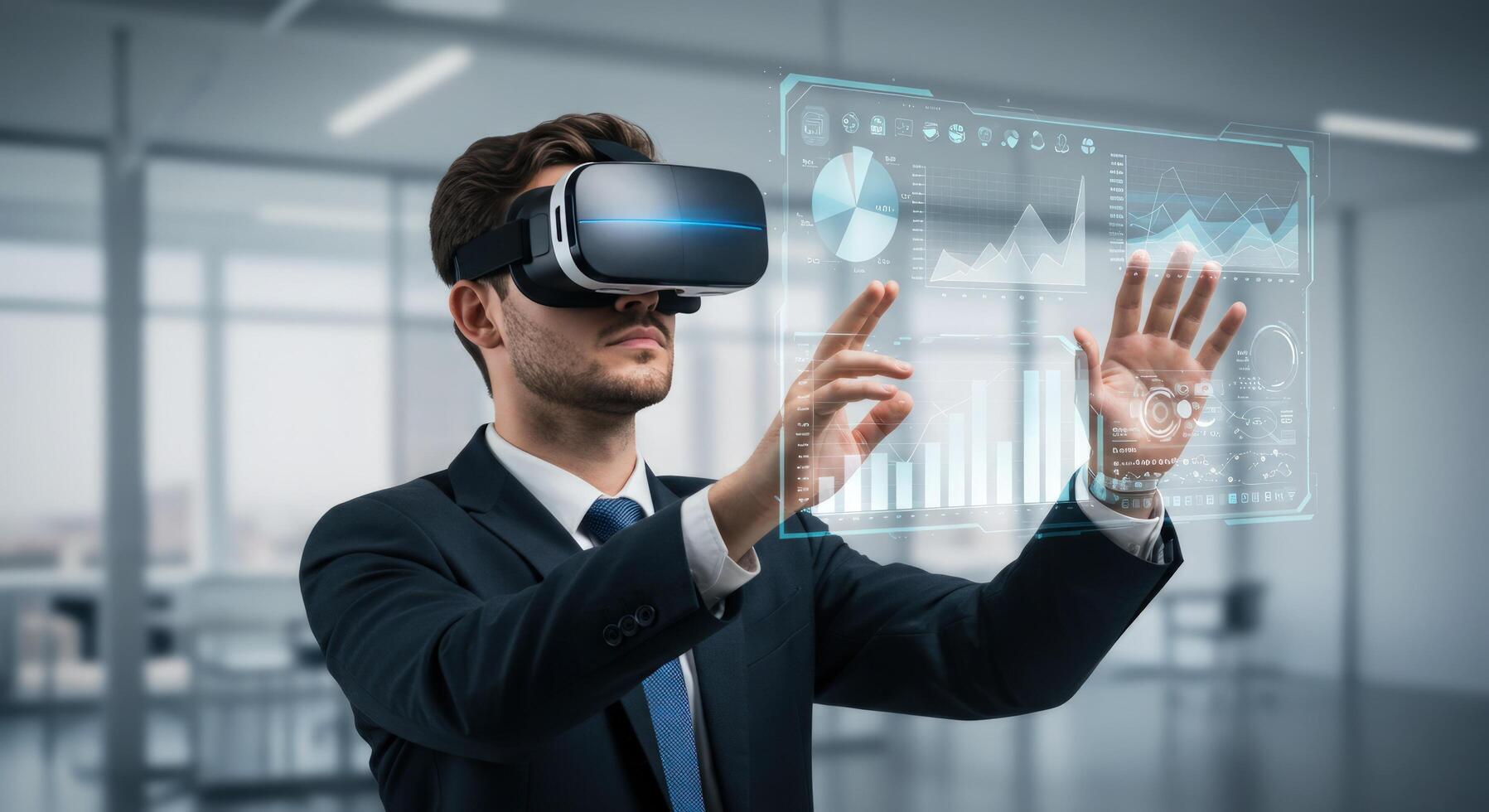 Man using virtual reality headset interacting with digital interface photo