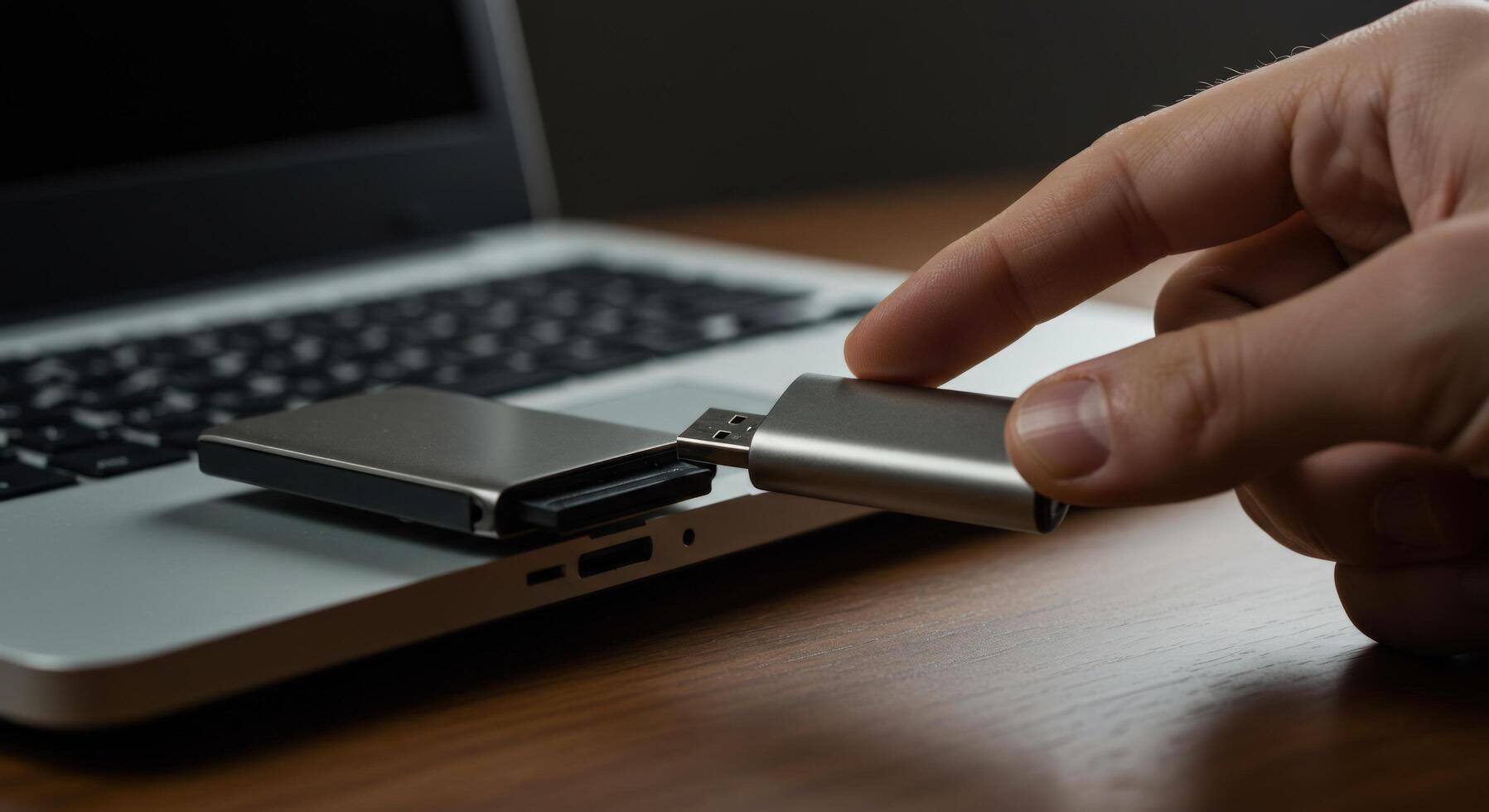 Inserting usb drive into laptop computer for data transfer and storage photo