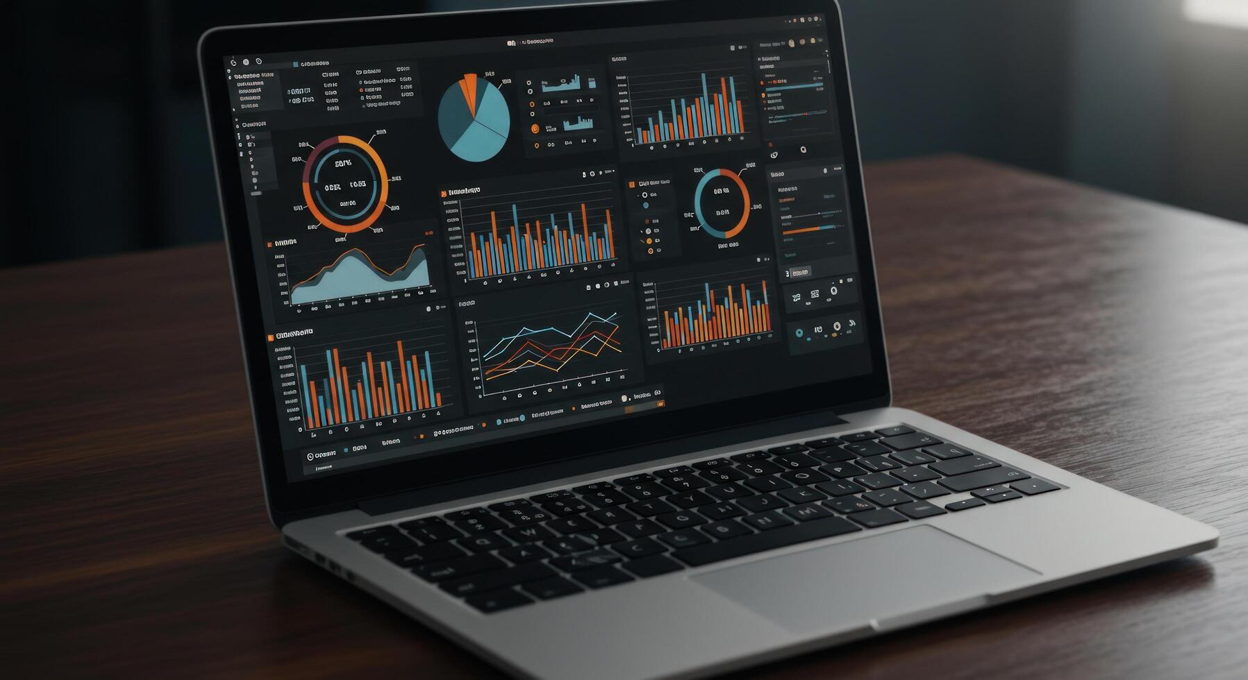 Laptop displaying data analytics and financial graphs for business intelligence photo