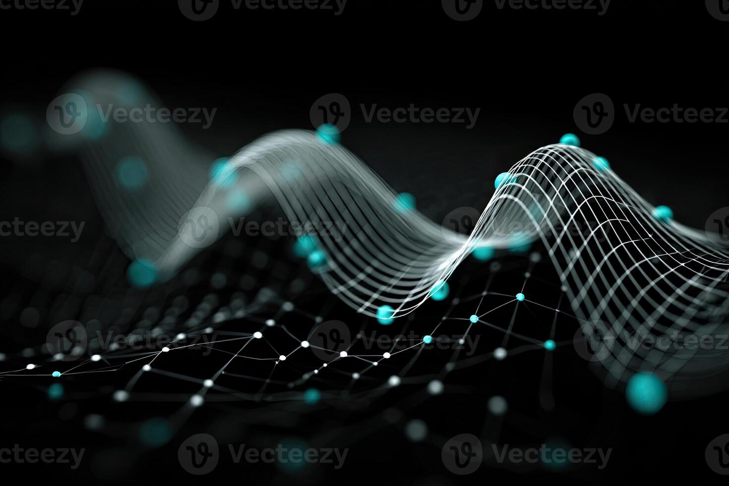 Abstract data visualization. Complex network of interconnected points and lines forming wave patterns photo