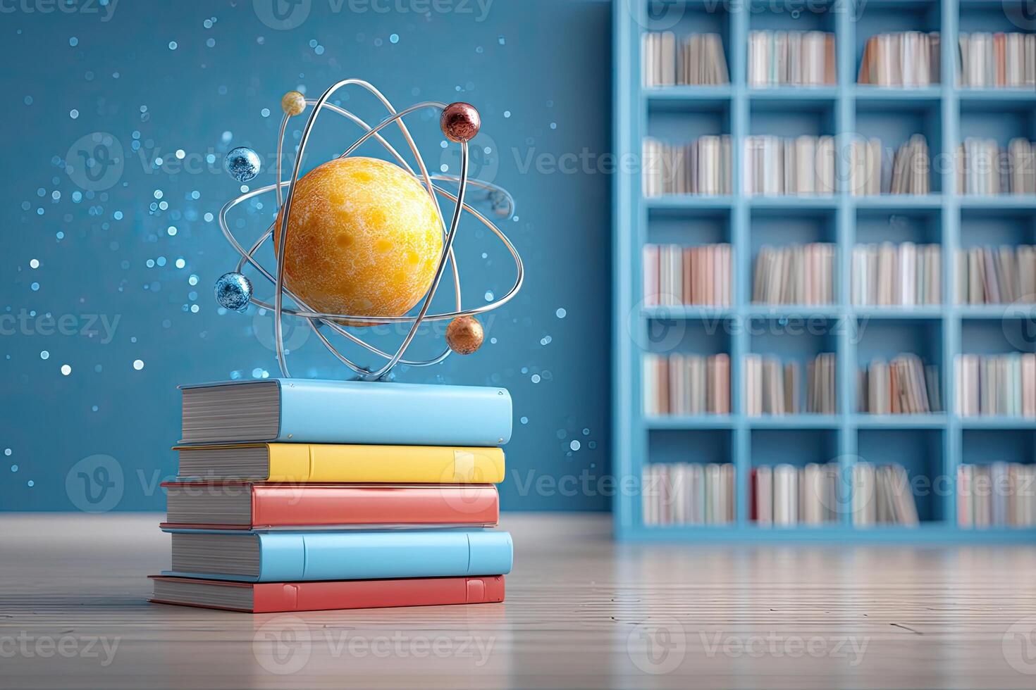 A stack of books and an object with an atom on top photo