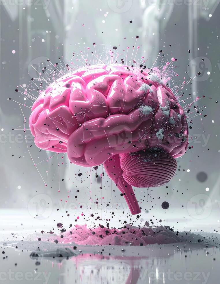 Pink brain exploding, surrounded by particles, on a reflective surface photo