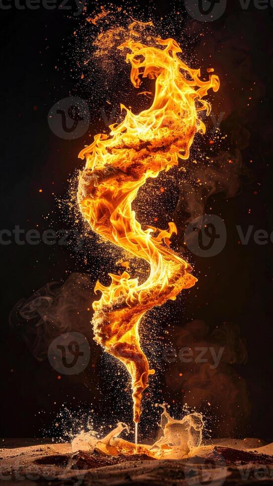 Fiery, swirling flames ascend from a central point, creating a stylized S shape. Sparks and smoke surround the fiery column, against a dark background. A base of scattered debris and splashes of liquid is visible photo