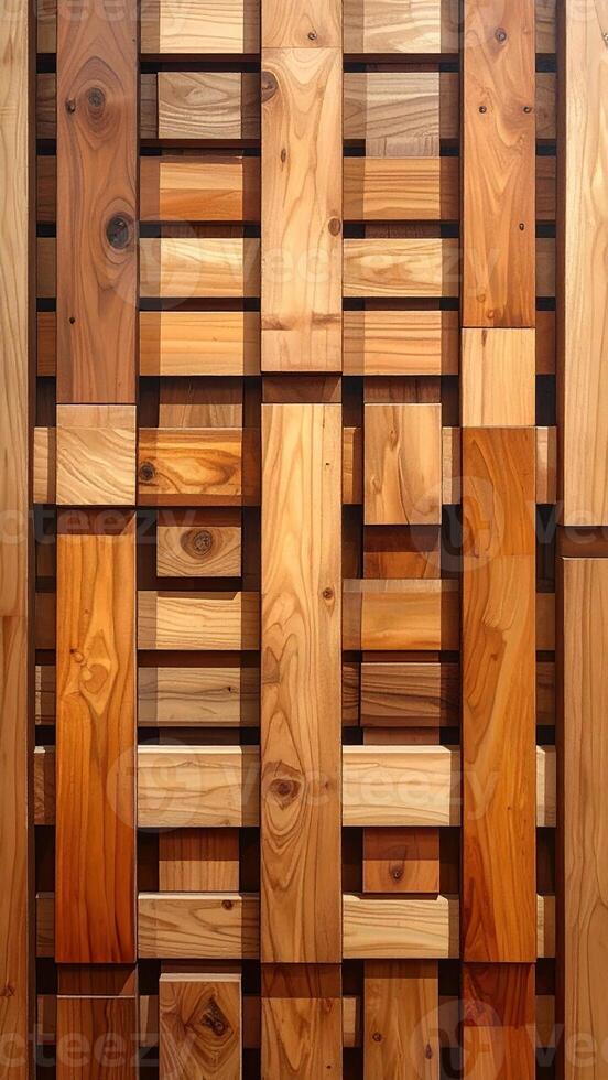 Abstract wood paneling, a geometric arrangement of light and dark brown wooden planks in a repeating pattern of squares and rectangles photo