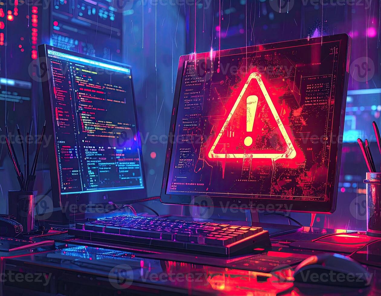 A digital art piece of a computer with an error alert. Two computer screens, one showing code, the other an alert triangle. Vibrant neon lighting. Cyberpunk aesthetic photo