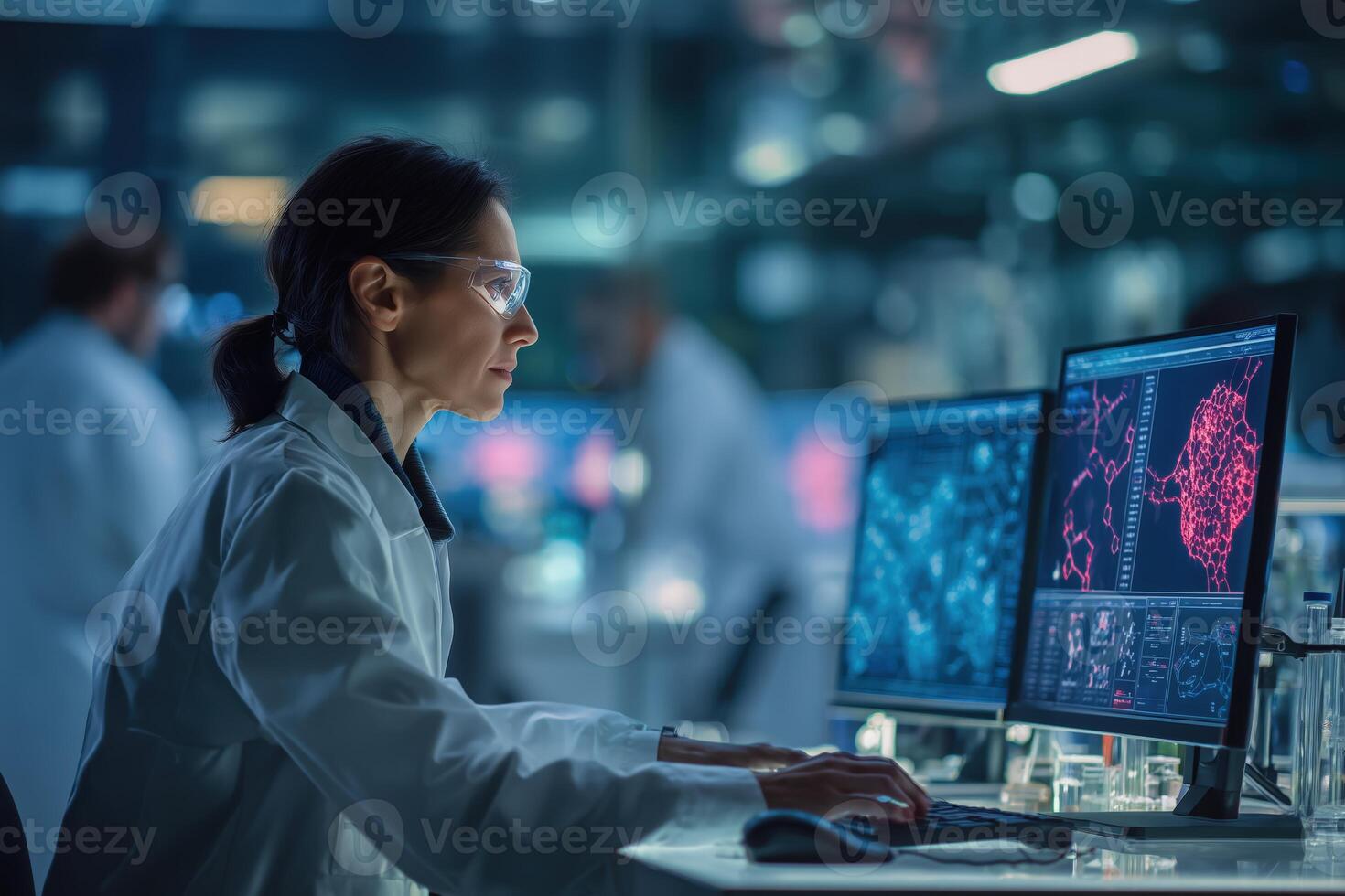 Scientist analyzes data in laboratory with advanced technology during nighttime research photo