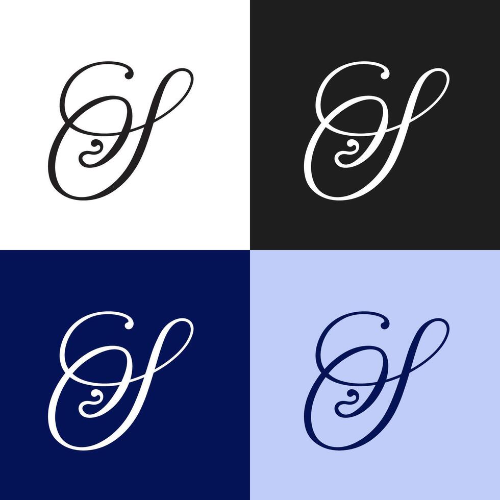 A collection of letter s calligraphic designs in various color schemes on a split background vector