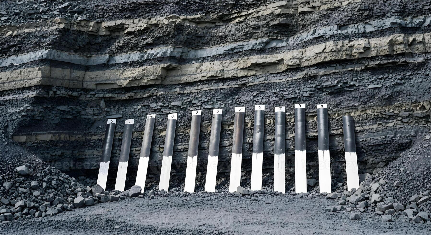 Core sample markers, sequentially arranged, within stockpile face, showing layered strata and sharp edges photo