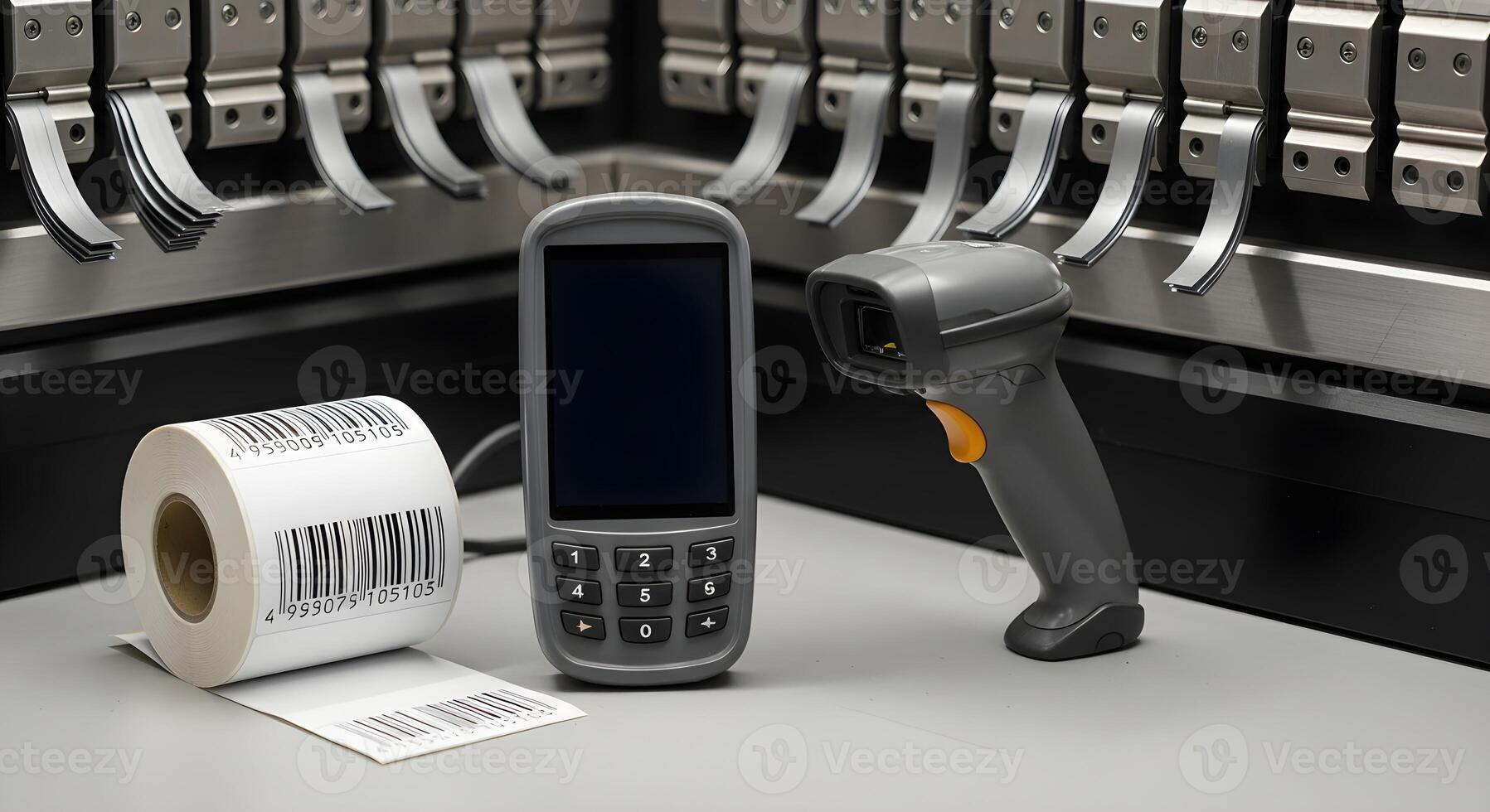Barcode label roll and handheld scanner by press brake, showing bend samples. Emphasizes sharp textures and crisp edges photo