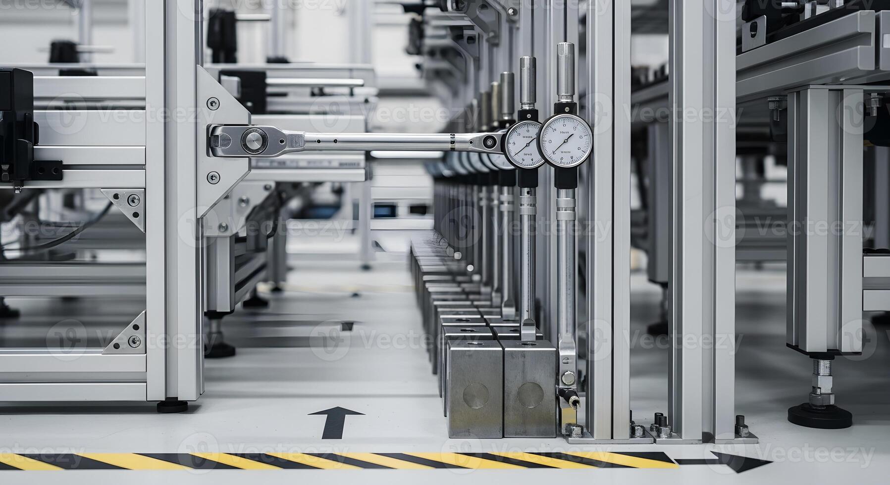 Unbranded torque wrench and gauge blocks in assembly cell with modular conveyors, clean floor, and deep focus for crisp edges. photo