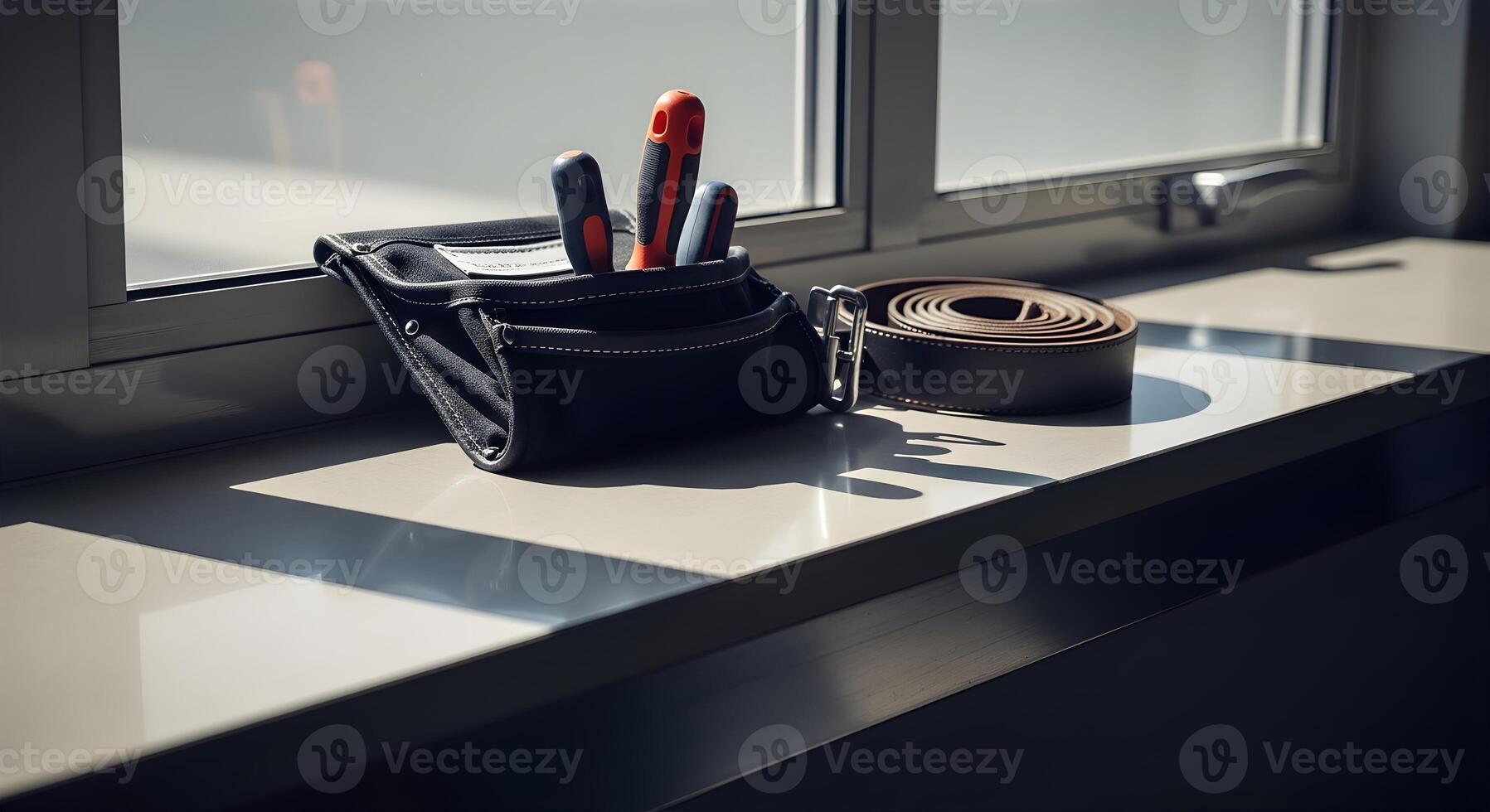 Empty tool pouch with belt on window sill, polished ledge, deep focus, sharp textures, copy space. photo