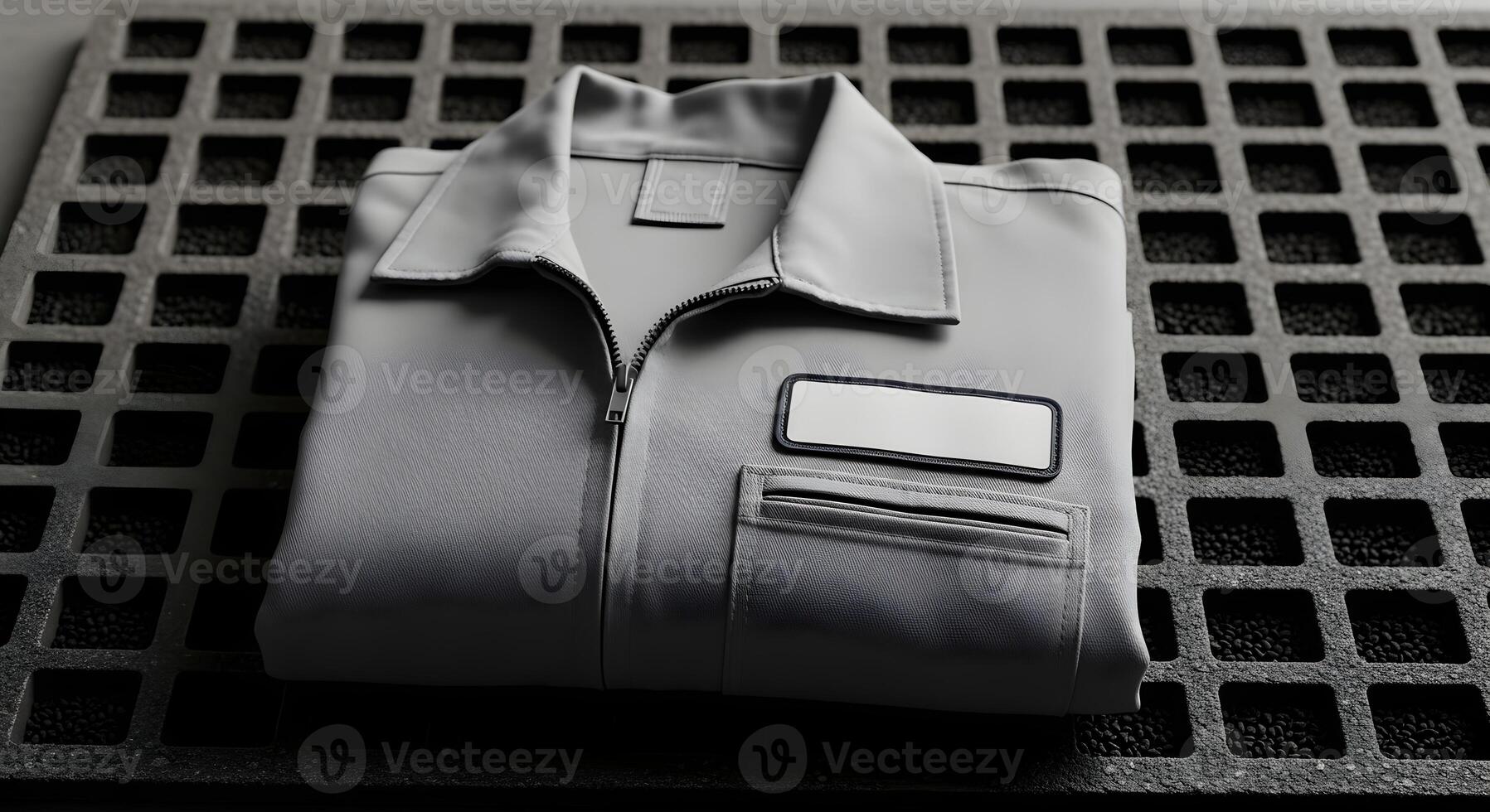 Folded work coveralls with a blank name patch on a boot room mat, emphasizing ultrasharp textures and crisp edges with copy space. photo