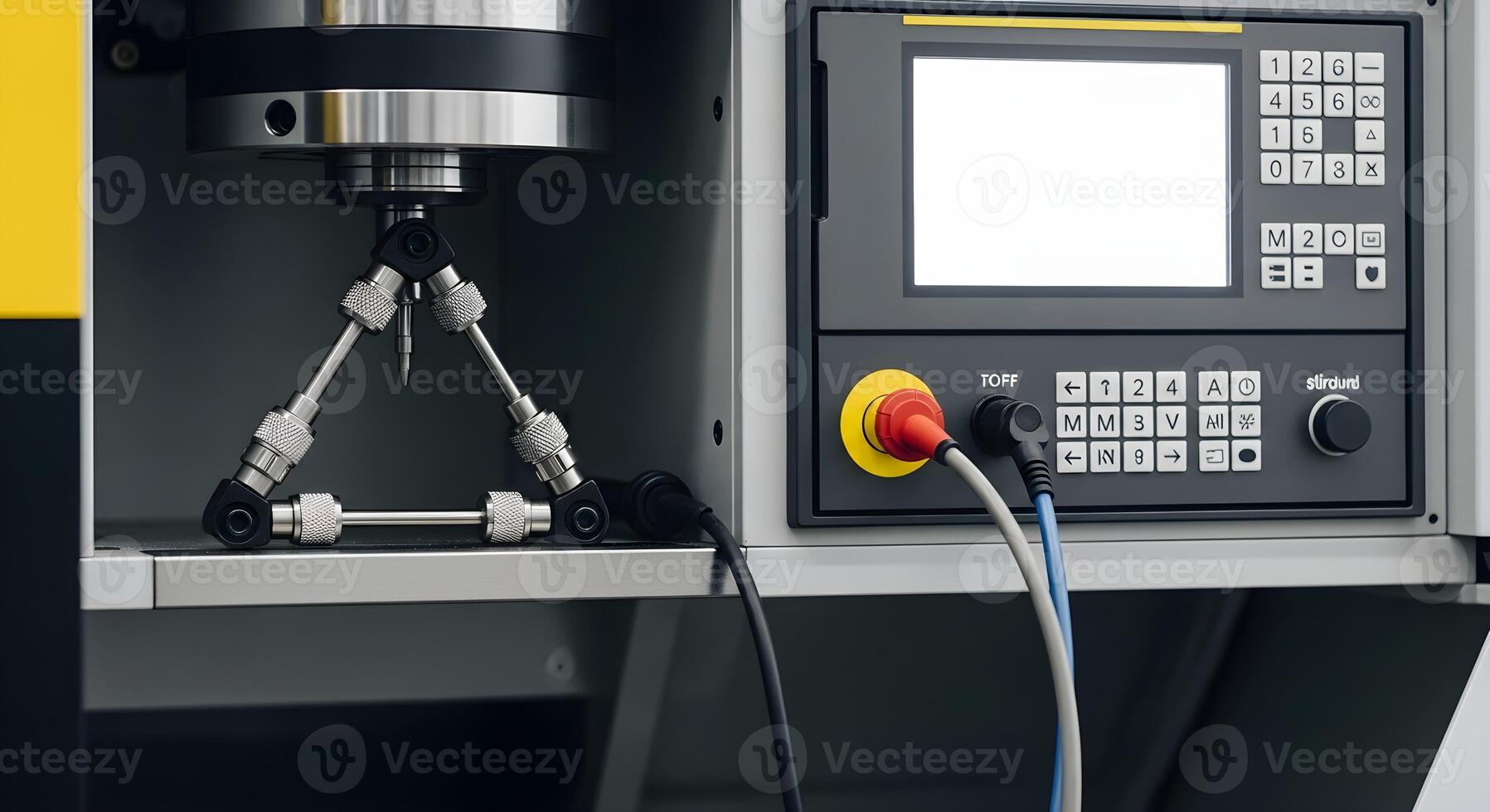 Boring head, indicator and gauge pins in controller shelf with blank display and tidy cables, emphasizing textures and edges. photo