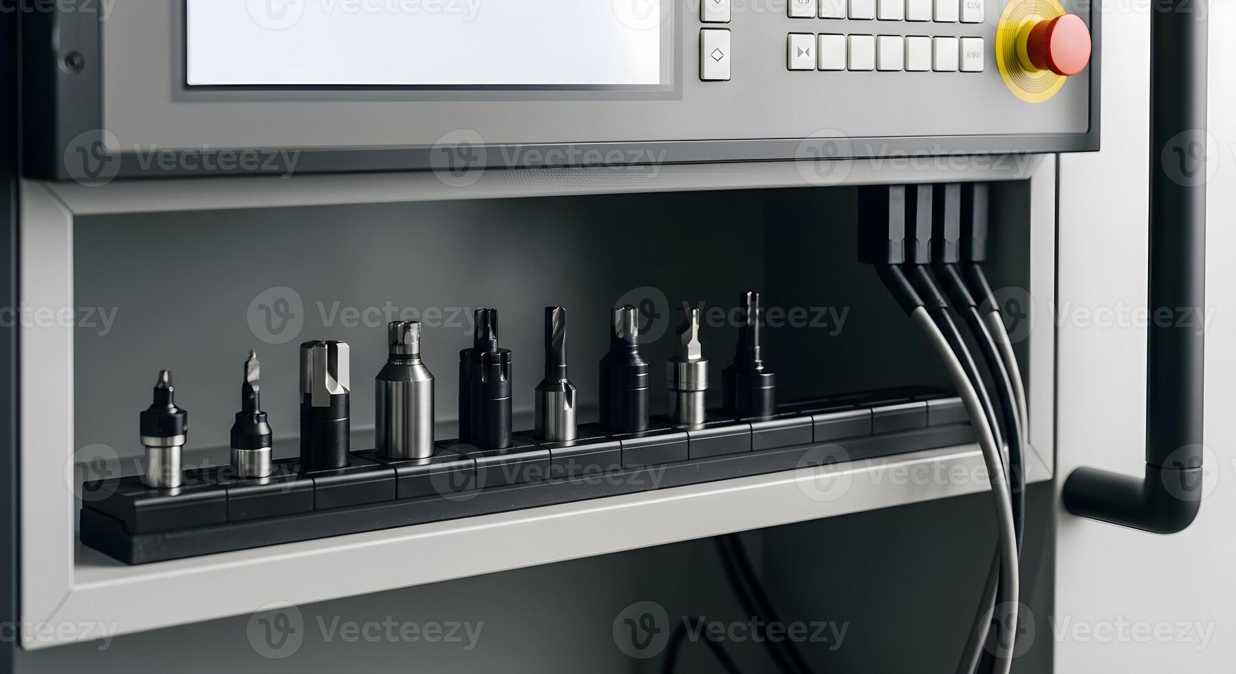 Quick-change toolholders on a magnetic strip within a controller shelf, emphasizing ultrasharp textures and crisp edges. photo