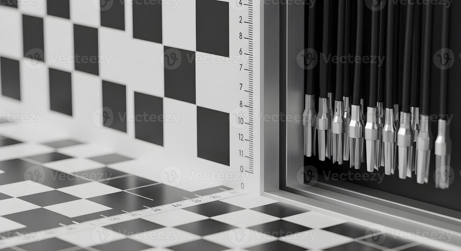 Cable ferrules and end sleeves, sorted by length, placed on a calibration board with abstract checker pattern photo