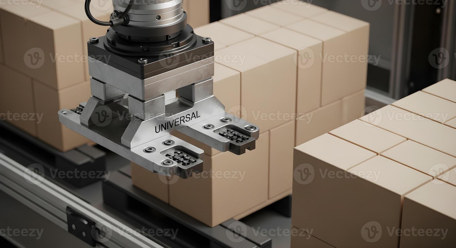 End-effector tool plate in palletizing zone with blank cartons and perfect cube stacks photo